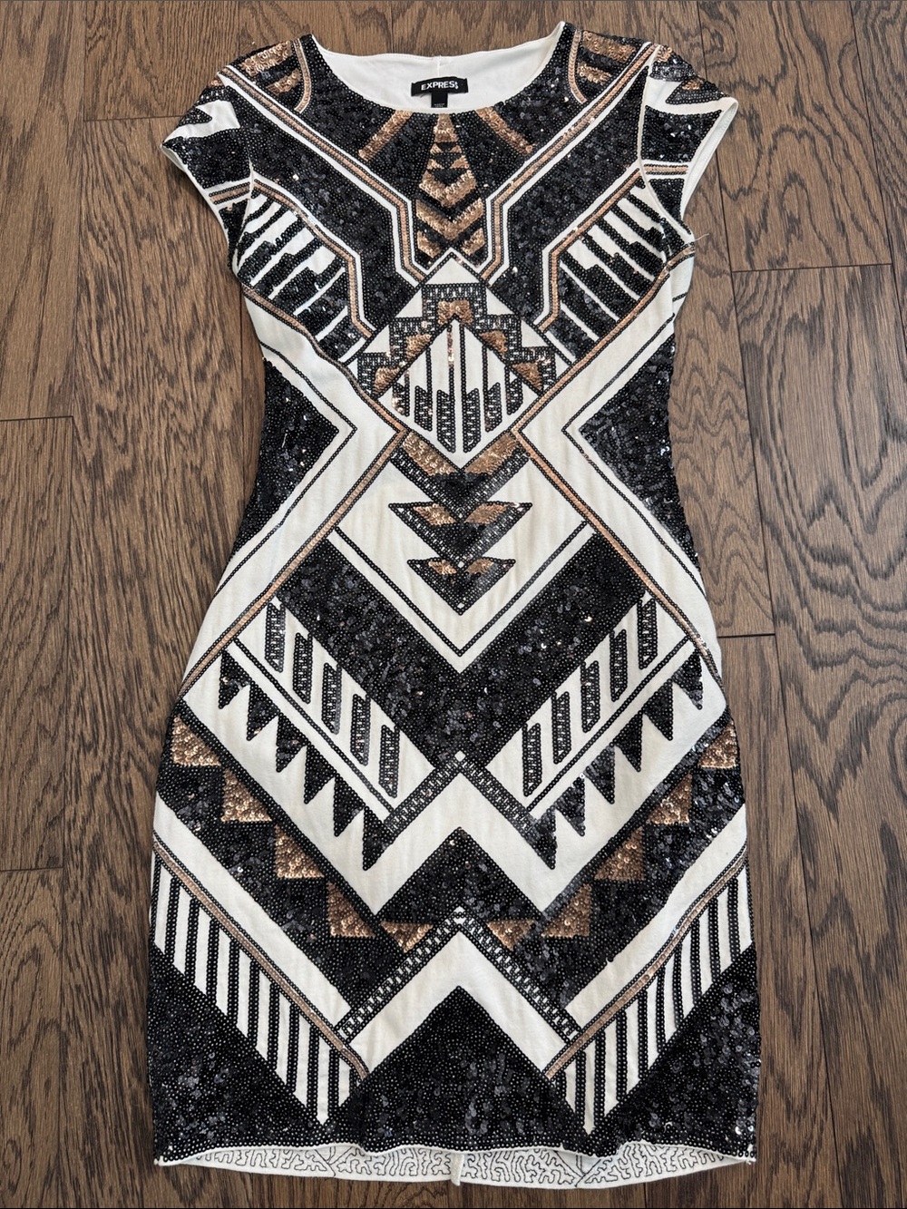 Express Black, White & Gold Sequin Geometric Mini Dress